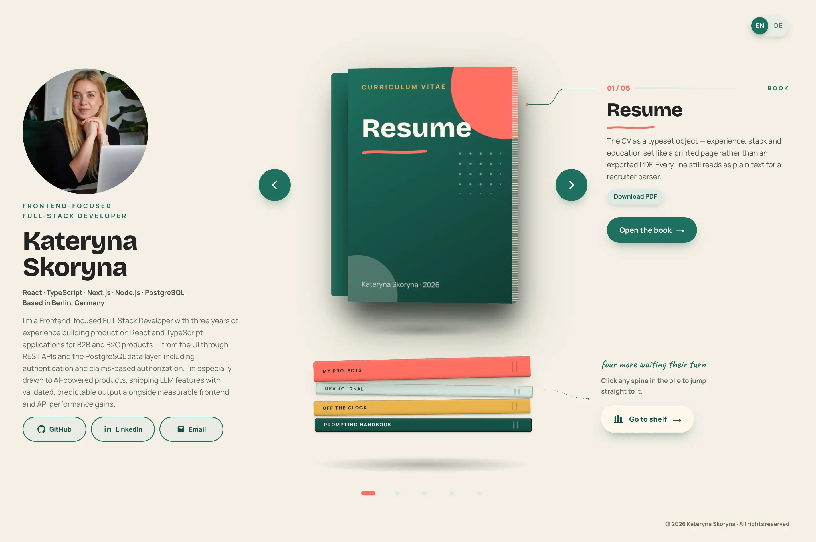 The portfolio landing page: a floating Resume book with a pile of four more books beneath it, an identity block on the left and a description panel on the right.