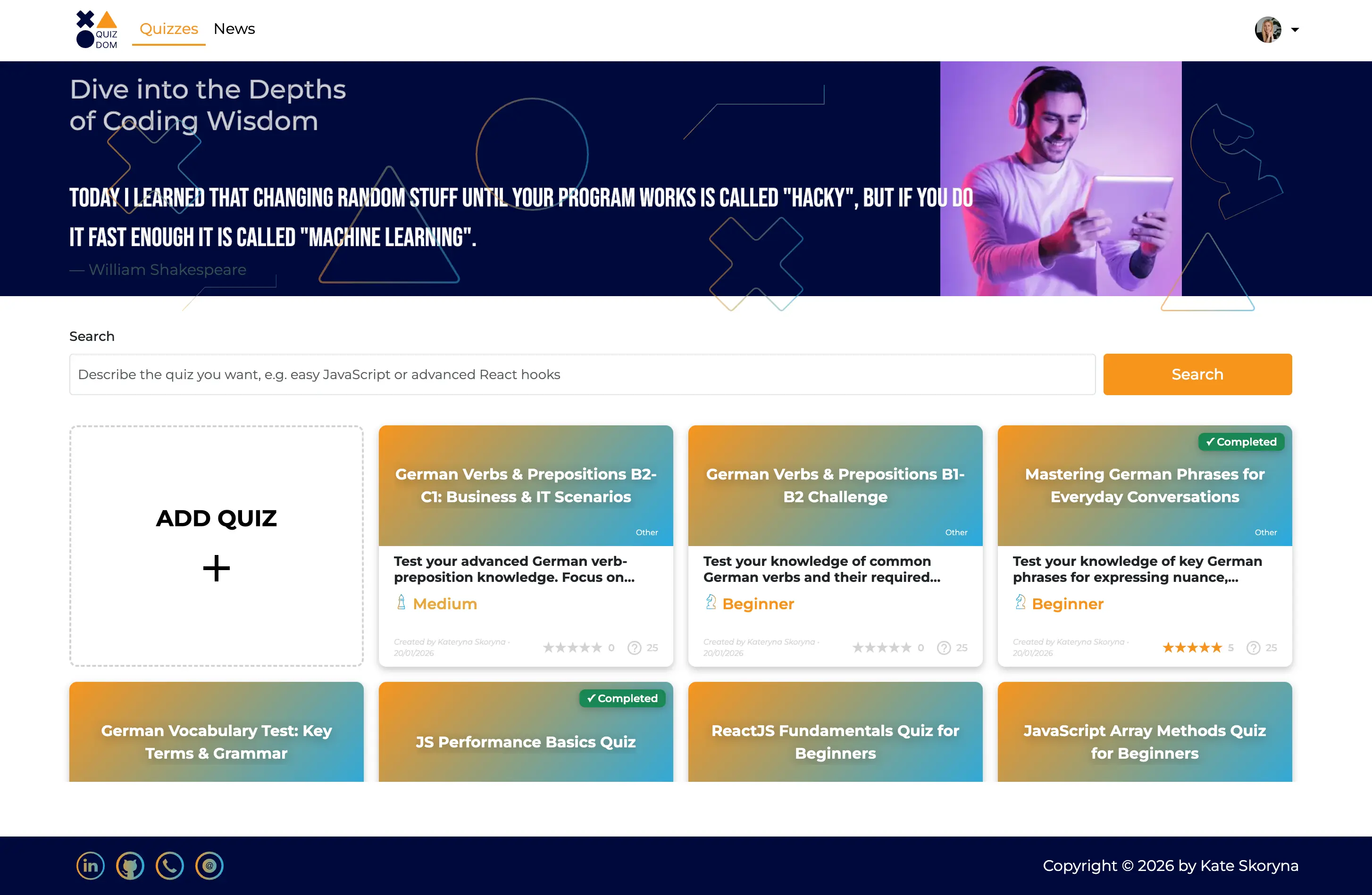 The Quizdom home page: a search box for describing the quiz you want, and a grid of quiz cards showing difficulty, rating and completion.