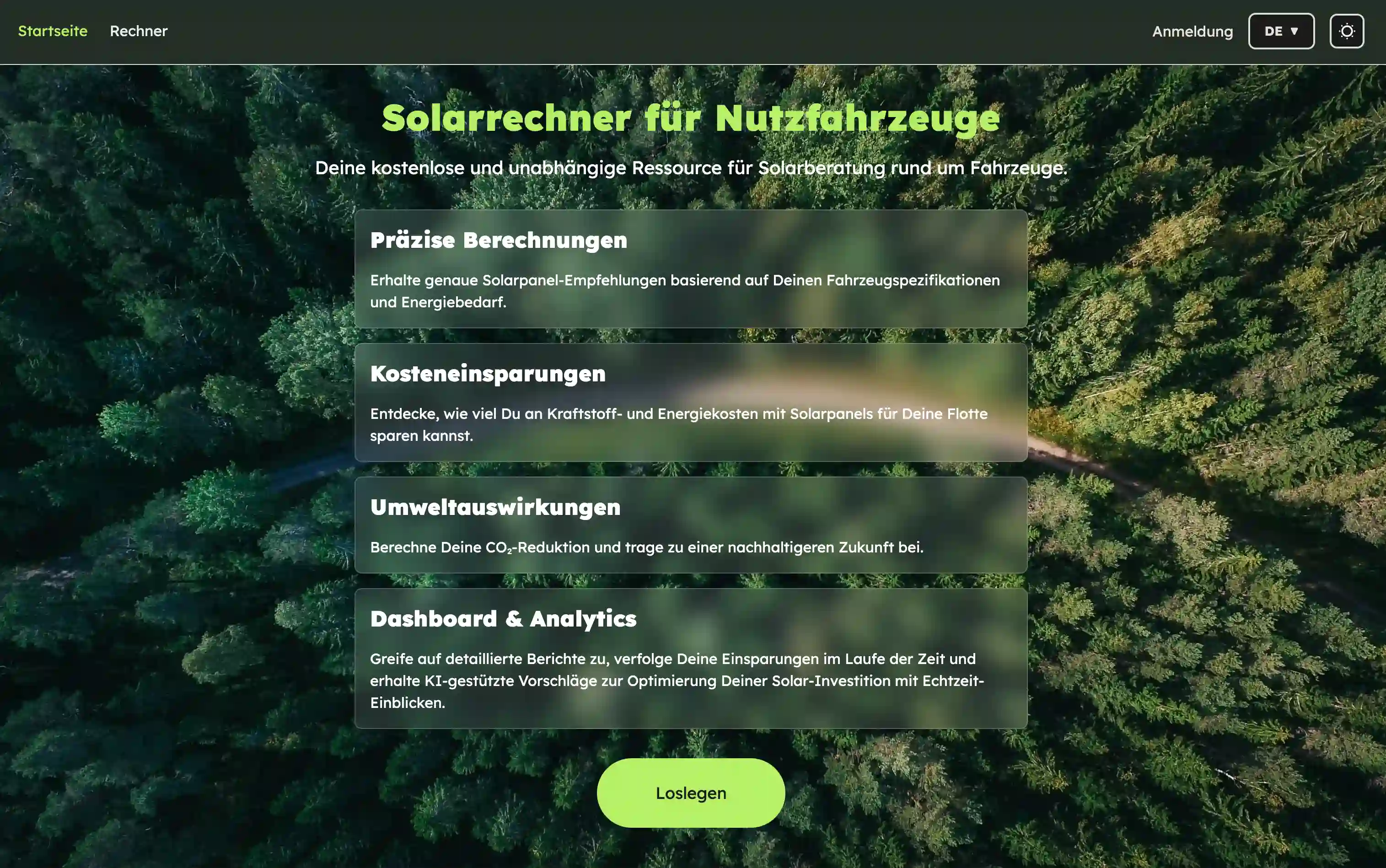 The Solar Calculator landing page, in German: a heading for a solar calculator for commercial vehicles over an aerial forest photo, four feature panels and a “Get started” button.